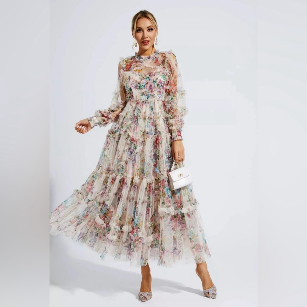 Saige Apricot Floral Long Sleeve Maxi Dress